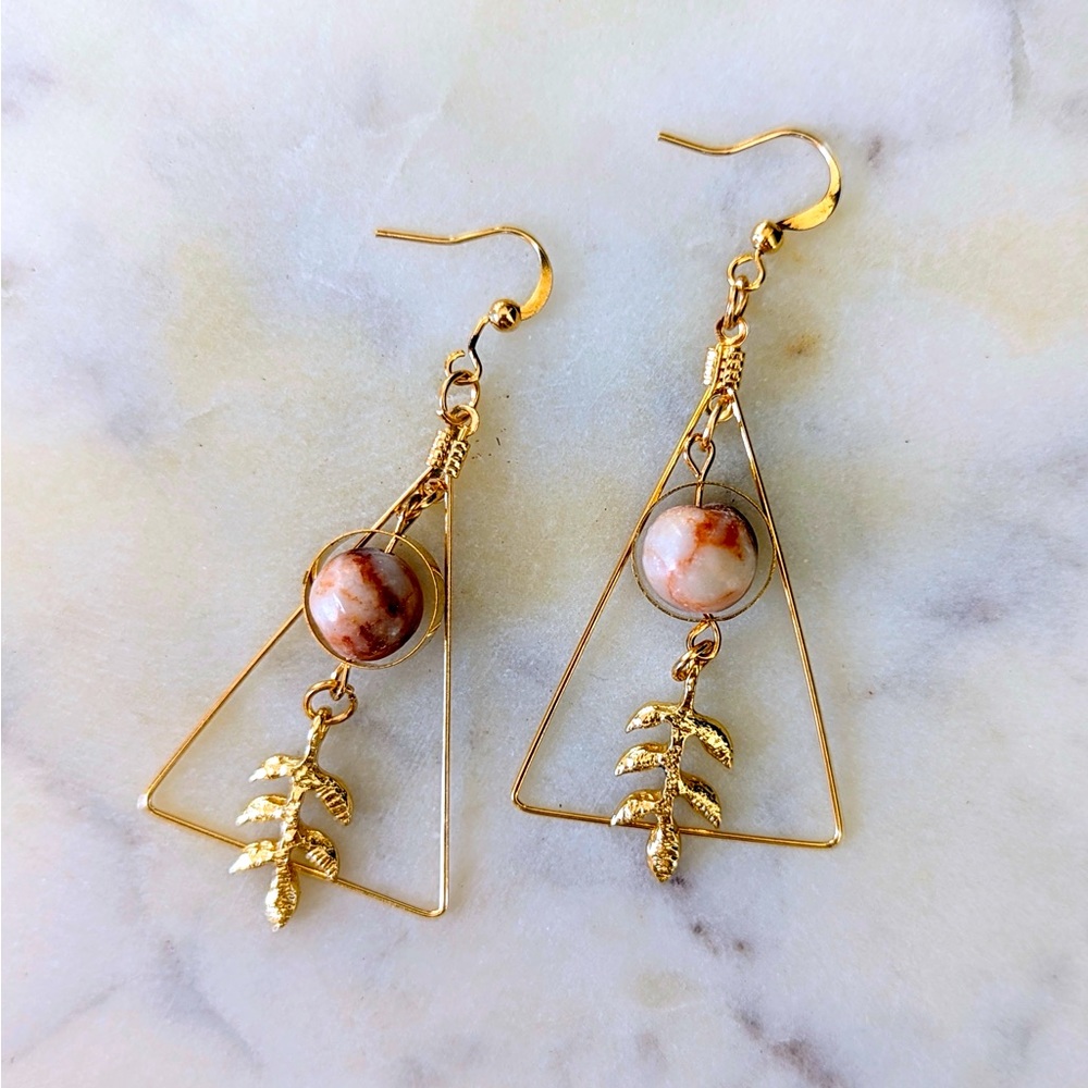 Triangle Earrings, Golden Leaf, Earth Beads, Dangle Earrings, Boho Style
